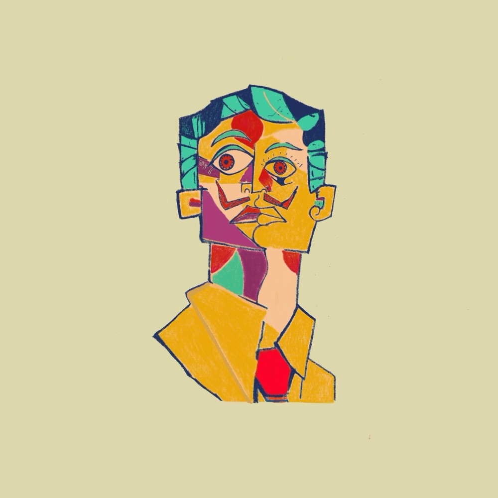 Fractured portrait drawn in ochre, teal and magenta