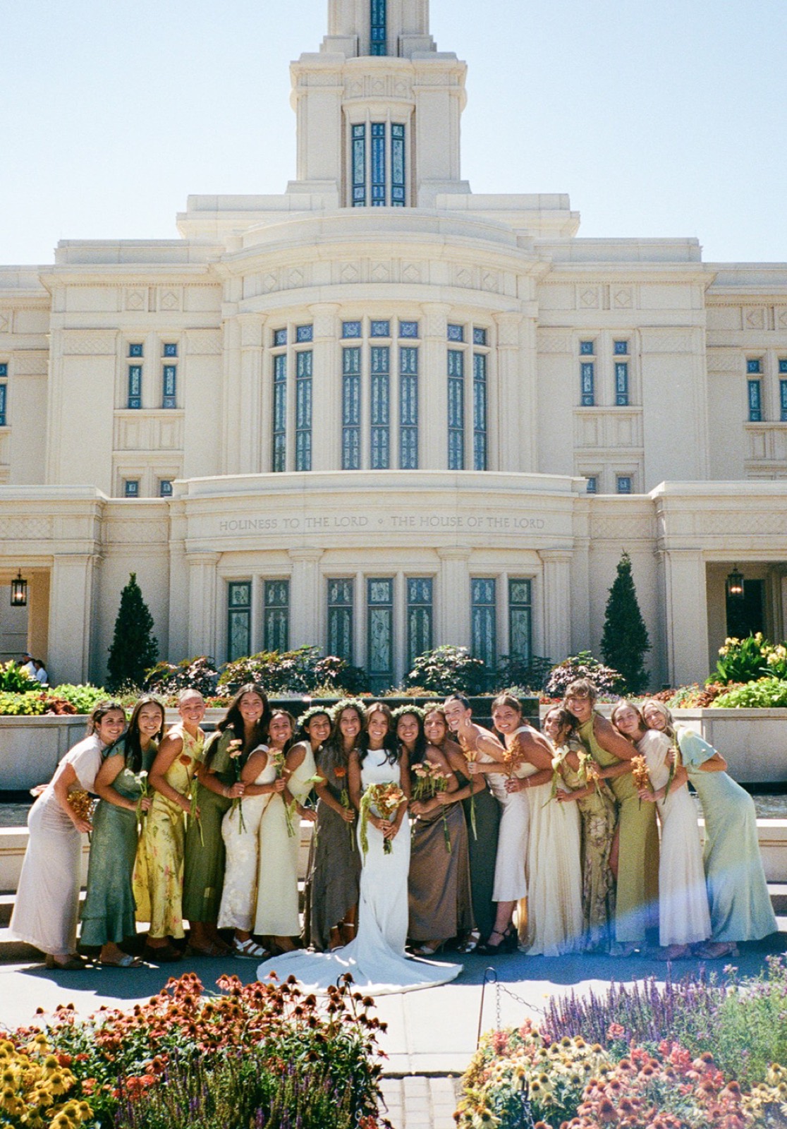 The bridal party in a palette of olive, butter, sage and clay