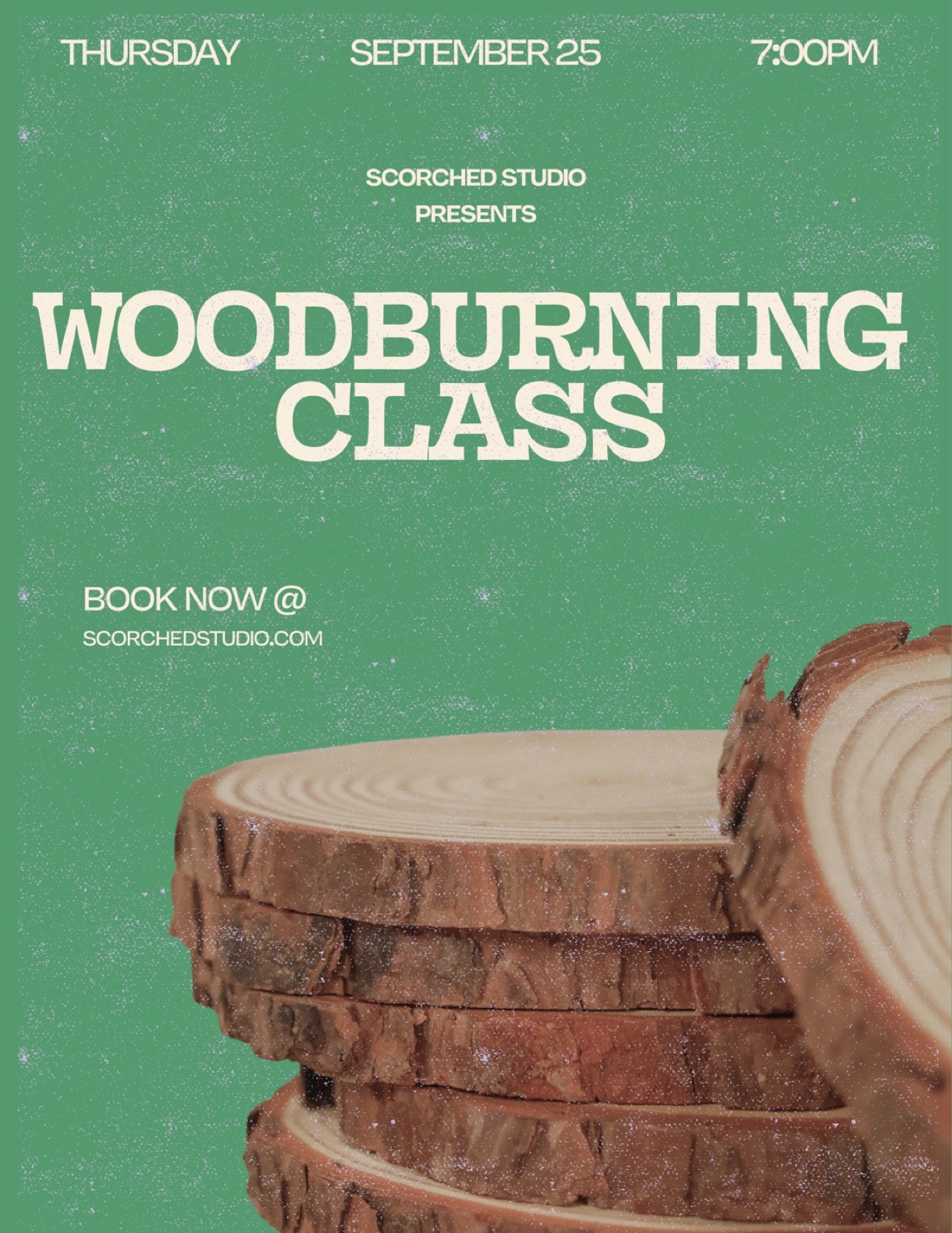 Woodburning class flyer in green